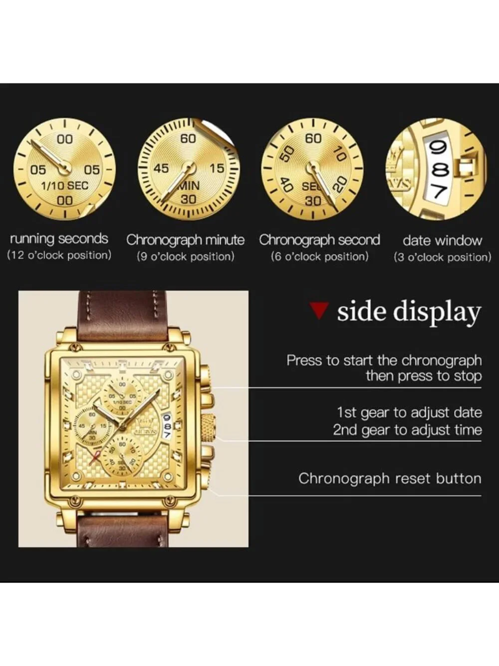 Men's Gold Quartz Leather Strap Waterproof Casual Trendy Square Dial Wristwatch